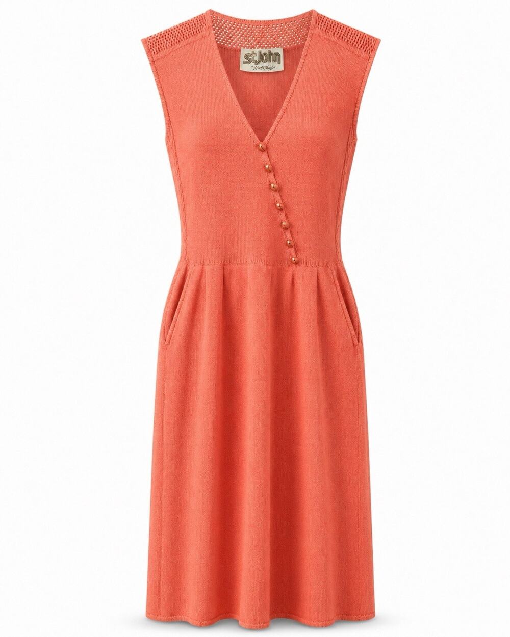 Rare Vintage 70s St John for Lord & Taylor Coral Knit Dress Sleeveless S M EUC